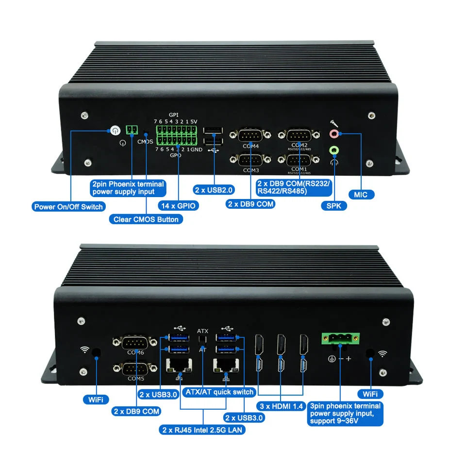 Fanless Industrial Mini PC with Gpio Core I5 10200h 2X 2.5gbe LAN 6*COM 3*Display 4G Win11 Rugged Mini Computer